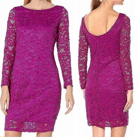 3 for $30! SALE Marina Sequin Lace Long Sleeve Elegant Sheath Dress in Fuchsia - Picture 1 of 11
